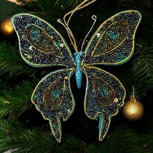 Beaded Butterfly Ornament Christmas Peacock Colors Large Embellished Vintage